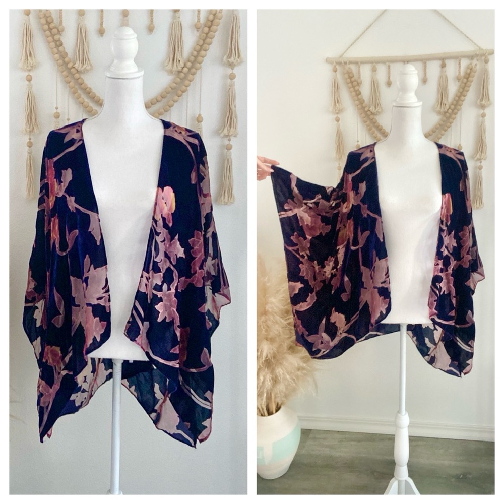 Nordstrom Rafaella vintage velvet burnout kimono top navy blue mauve pink OSFM